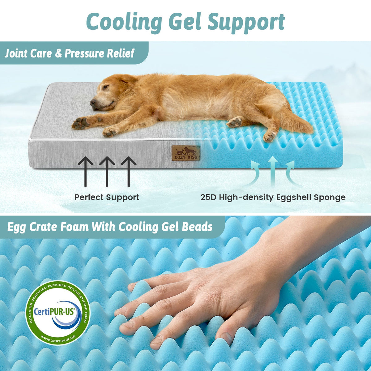 Dog lying on a cooling gel support pad with text highlighting features like joint care, pressure relief, and CertiPUR-US certification.