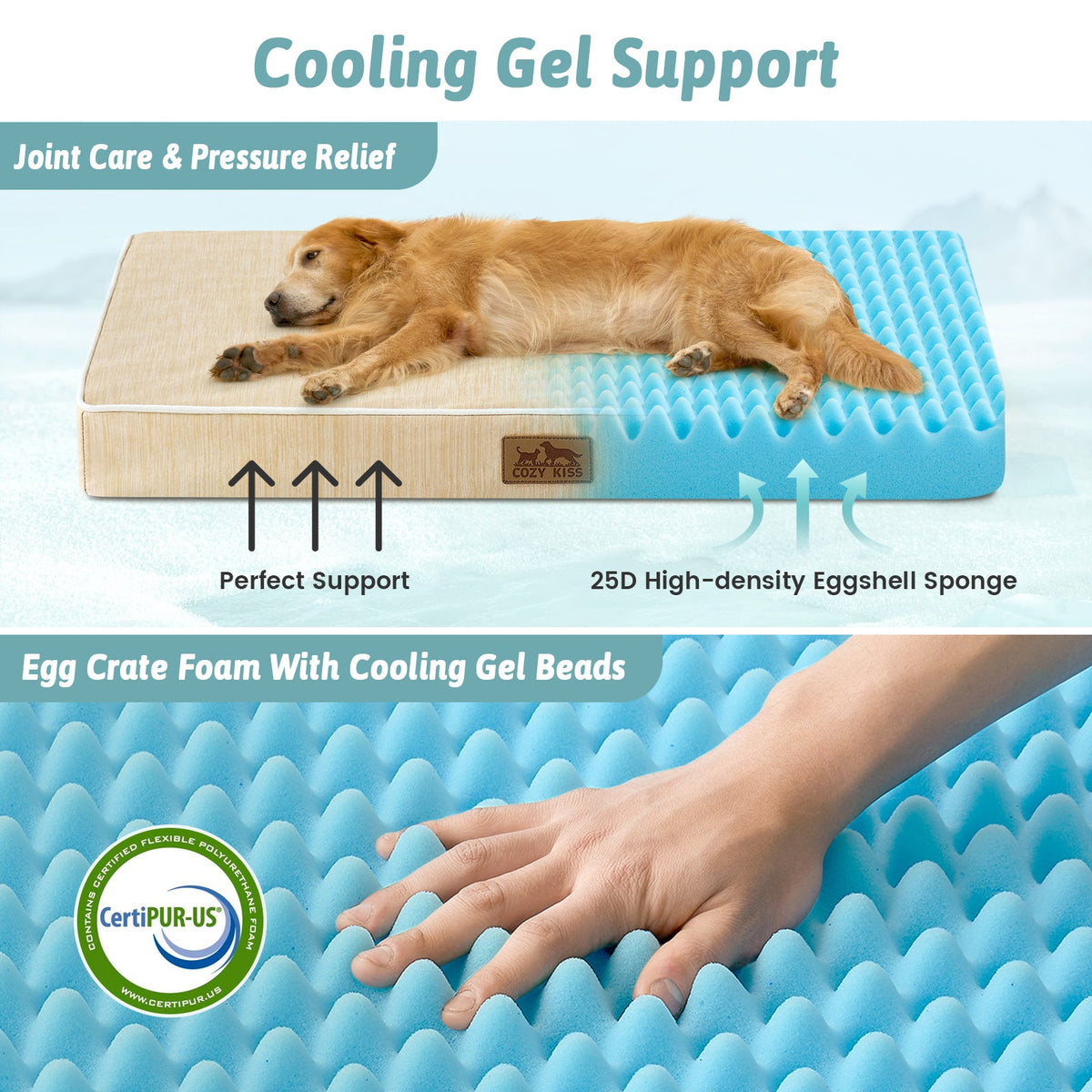 Dog lying on a cooling gel support pad with text highlighting features like joint care, pressure relief, and CertiPUR-US certification.