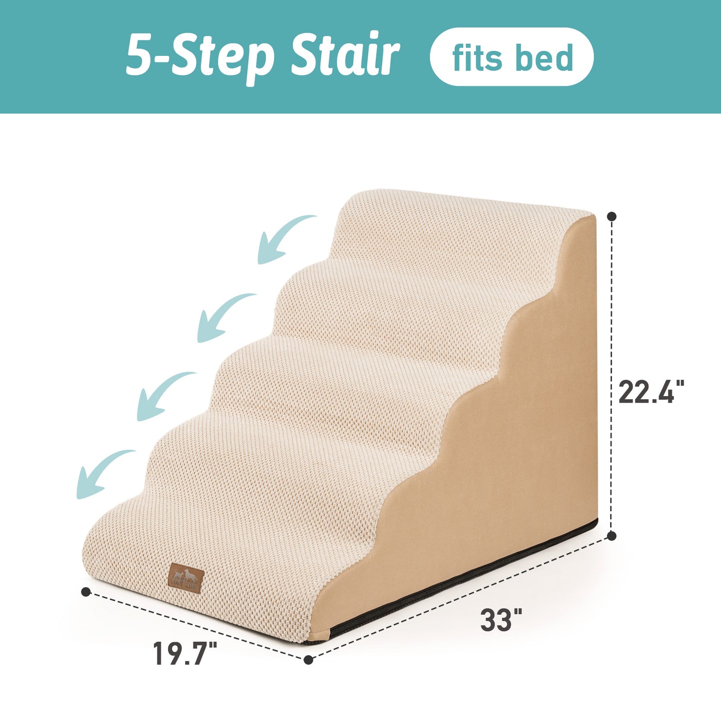 Cozy Kiss 5-Step Extra Wide Curved Pet Stairs with dimensions on a white background #color_Beige