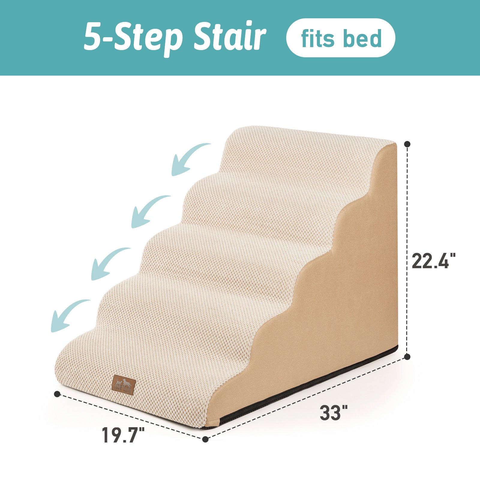 Cozy Kiss 5-Step Extra Wide Curved Pet Stairs with dimensions on a white background #color_Beige