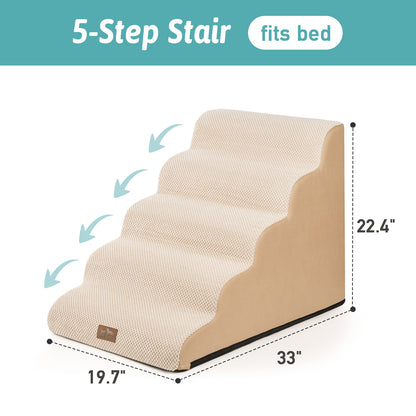 Cozy Kiss 5-Step Extra Wide Curved Pet Stairs with dimensions on a white background #color_Beige