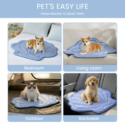 Dog using Cozy Kiss pet mat in various settings including bedroom, living room, outdoor, and backseat.#color_Blue