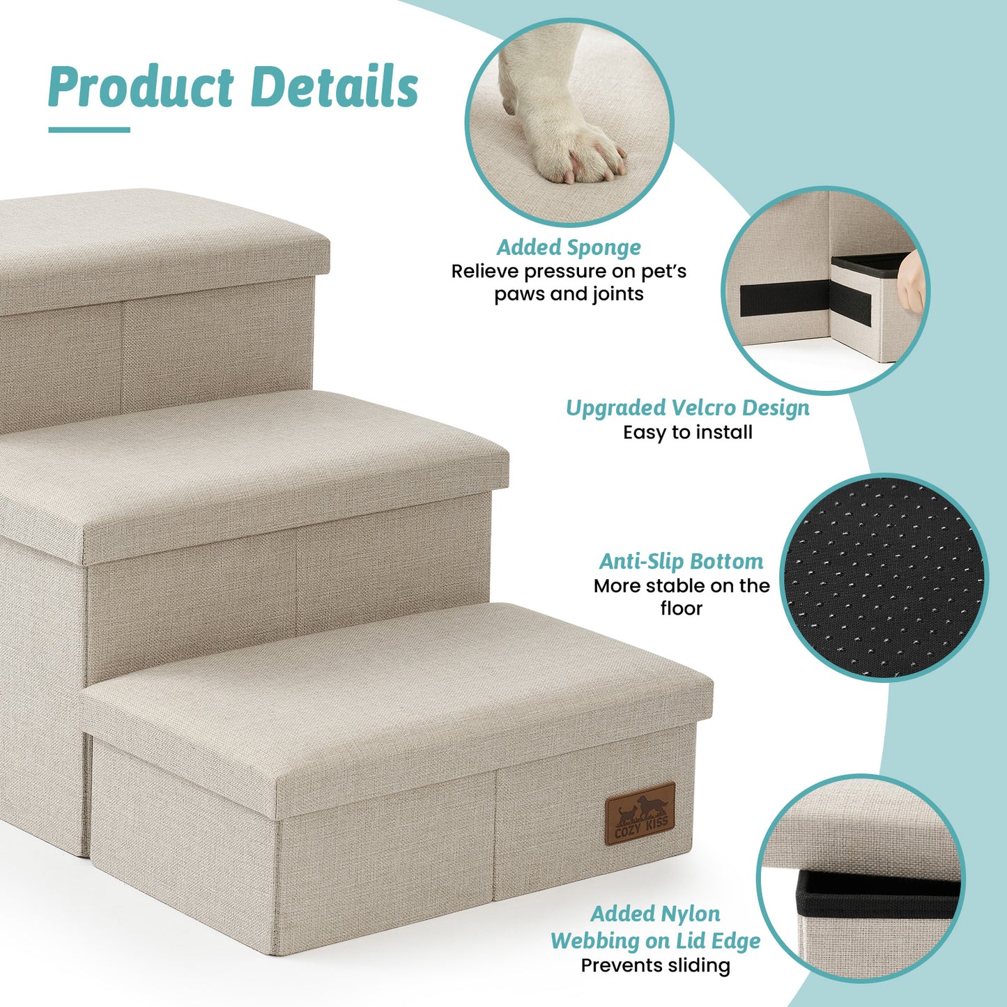 Cozy Kiss 3-Step Storage Pet Stairs with Play Condo product details and anti-slip design #color_Cream