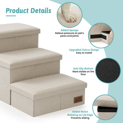 Cozy Kiss 3-Step Storage Pet Stairs with Play Condo product details and anti-slip design #color_Cream