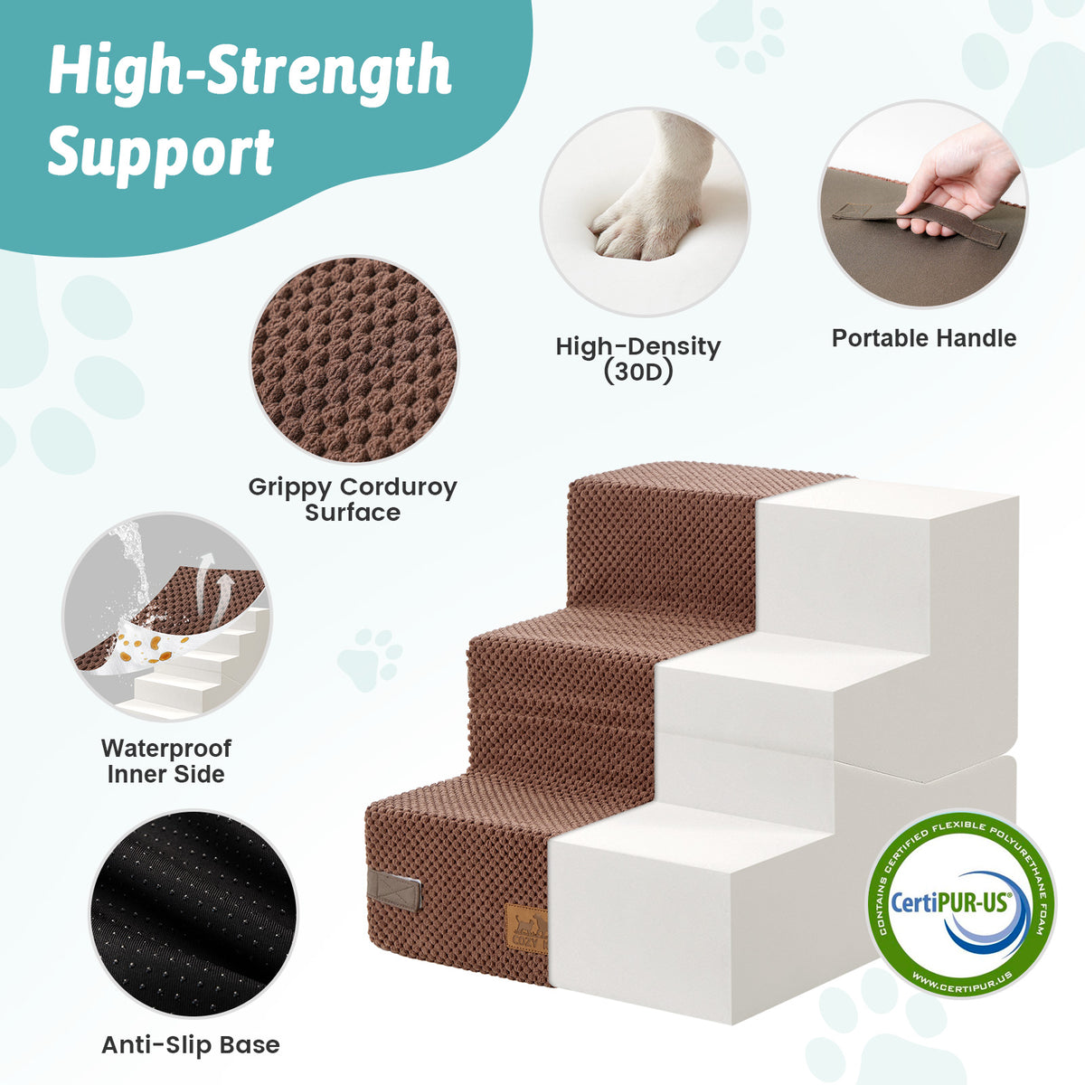 Cozy Kiss 3-Step Convertible 2-in-1 Pet Stairs with Ramp Mode featuring high-density foam support #color_Brown