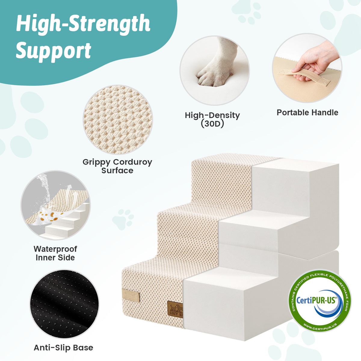 Cozy Kiss 3-Step Convertible 2-in-1 Pet Stairs with Ramp Mode featuring high-density foam support 