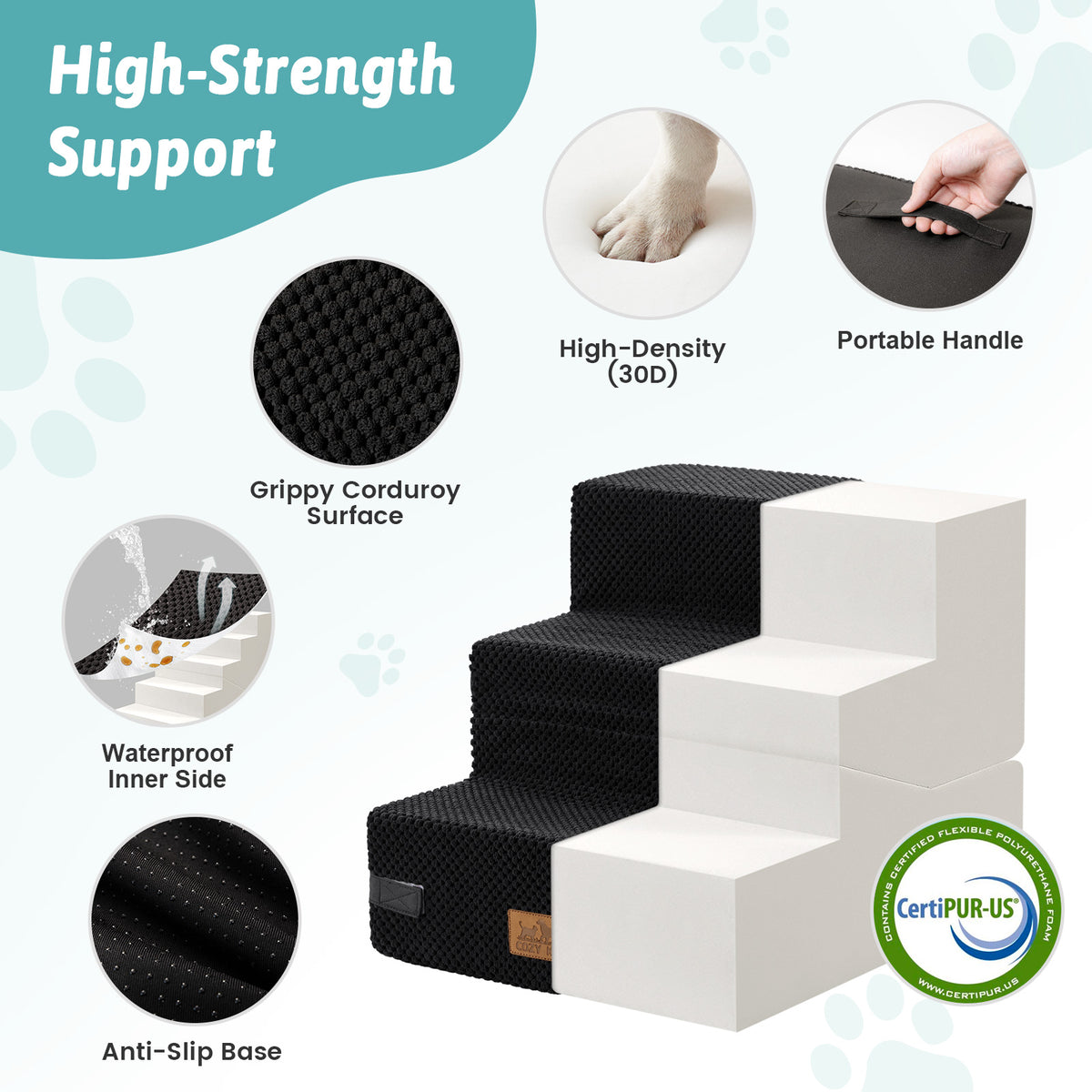 Cozy Kiss 3-Step Convertible 2-in-1 Pet Stairs with Ramp Mode featuring high-density foam support 