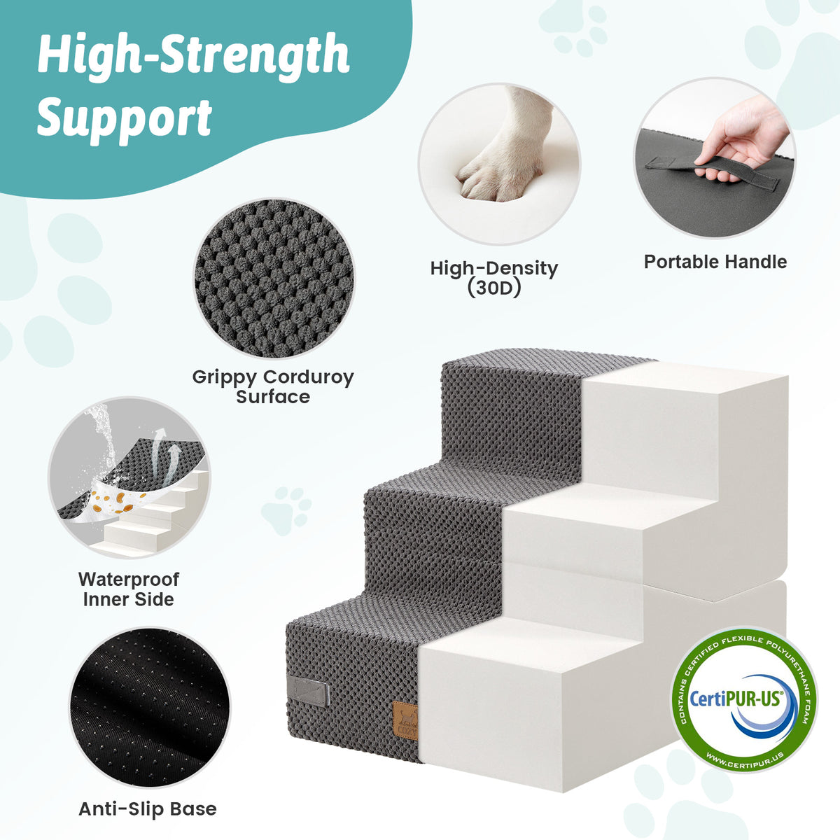 Cozy Kiss 3-Step Convertible 2-in-1 Pet Stairs with Ramp Mode featuring high-density foam support 