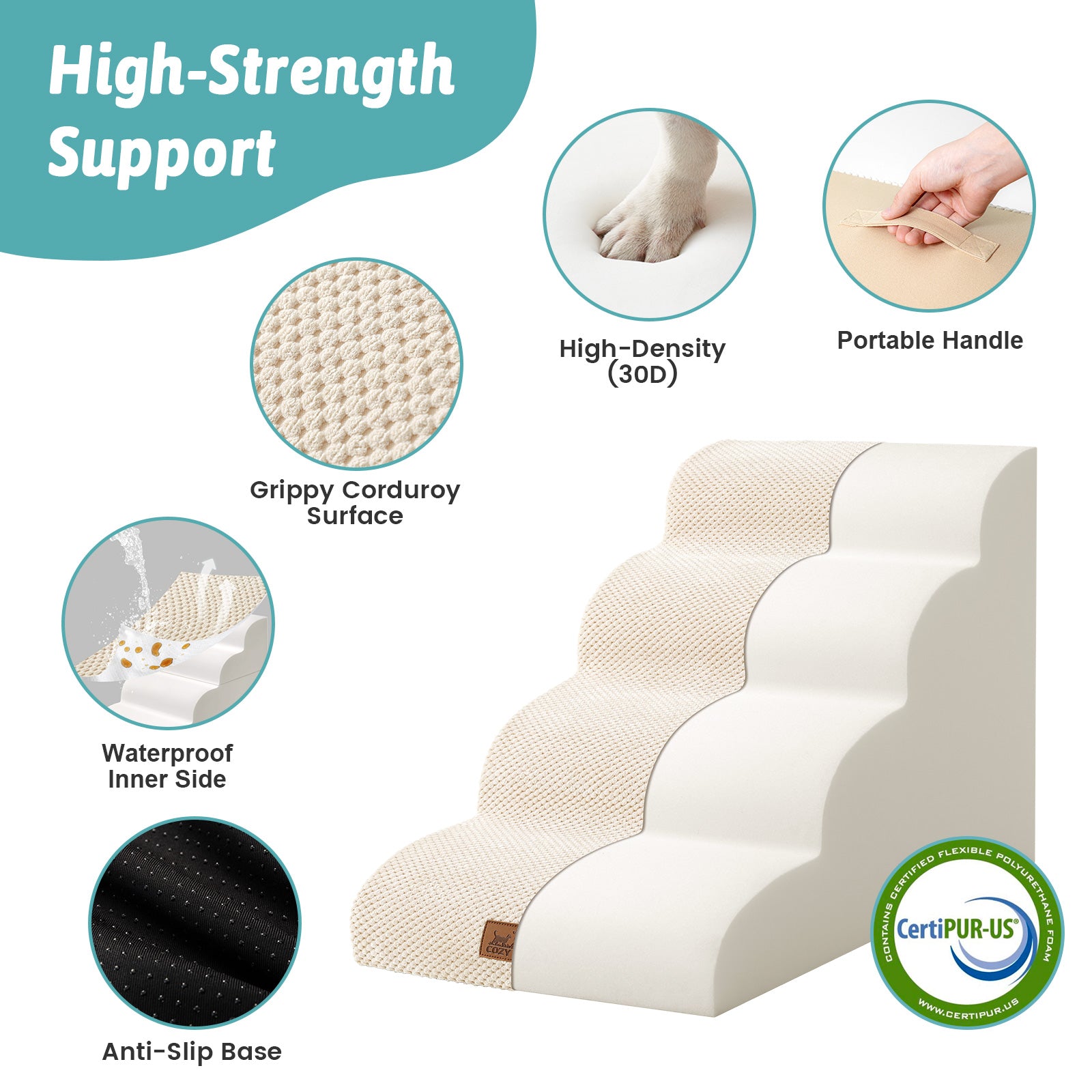 Cozy Kiss 4-Step Extra Wide Curved Pet Stairs with high-density foam and anti-slip base #color_Beige
