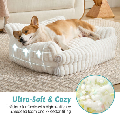 Cozy Kiss Multi-Functional Striped Faux Pet Sofa Bed ultra-soft faux fur comfort with shredded foam filling for dogs #color_Beige