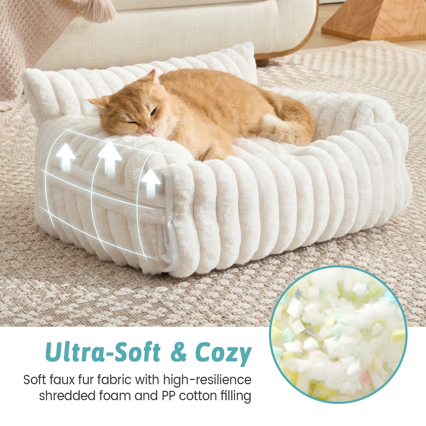 Cozy Kiss Multi-Functional Striped Faux Pet Sofa Bed ultra-soft faux fur comfort with shredded foam filling for cats #color_Beige