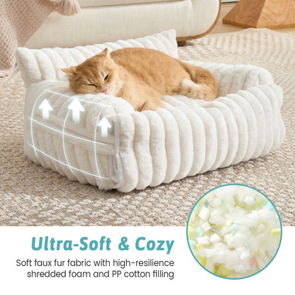 Cozy Kiss Multi-Functional Striped Faux Pet Sofa Bed ultra-soft faux fur comfort with shredded foam filling for cats #color_Beige