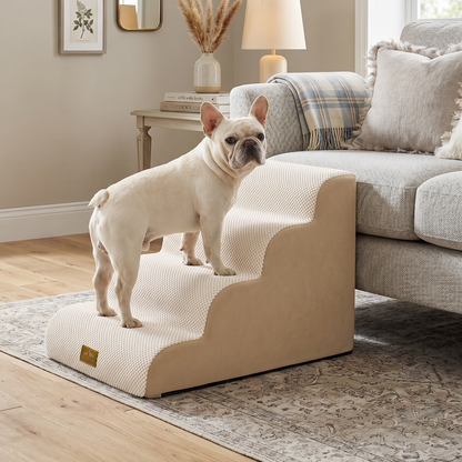 Cozy Kiss 4-Step Extra Wide Curved Pet Stairs beside a sofa for safe pet access #color_Beige