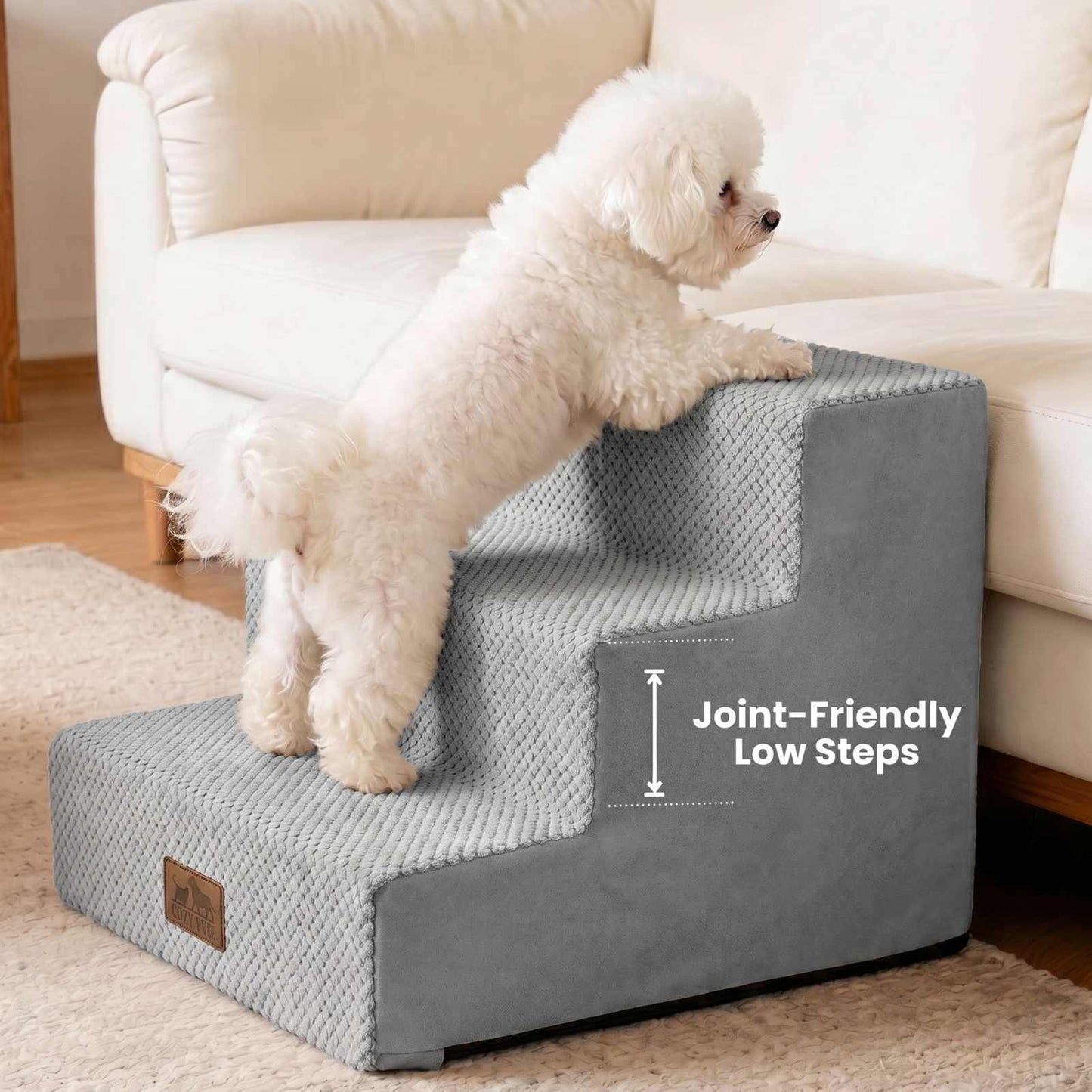 Side view of Cozy Kiss 3-Step Pet Stairs featuring joint-friendly low-rise steps #color_Gray