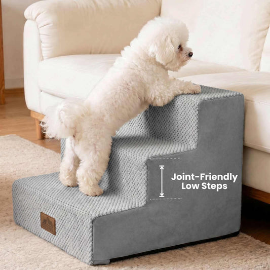 Side view of Cozy Kiss 3-Step Pet Stairs featuring joint-friendly low-rise steps #color_Gray