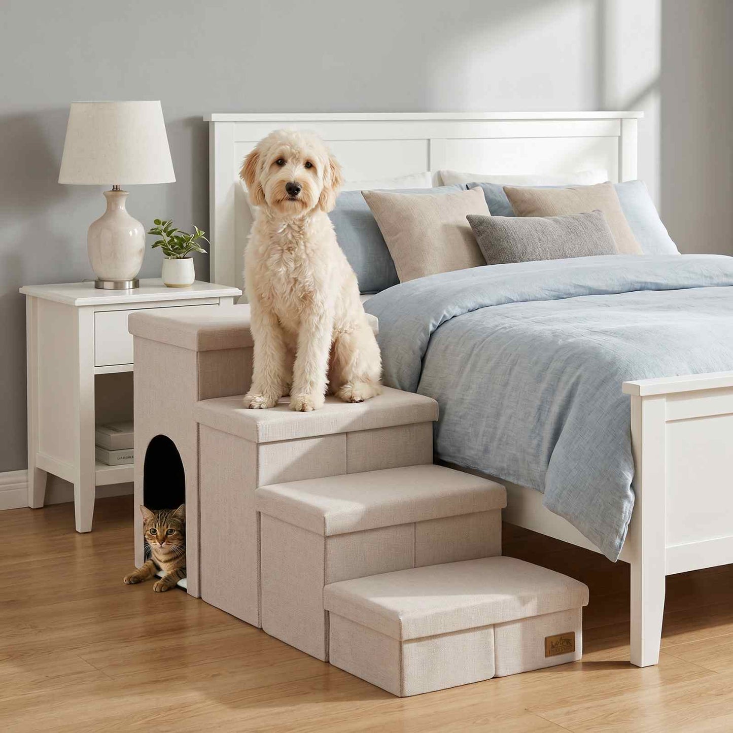 Cozy Kiss 4-Step Storage Pet Stairs with Play Condo beside bed with cat hideaway #color_Cream