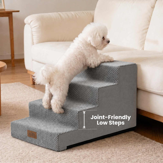 Side view of Cozy Kiss 4-Step Pet Stairs featuring joint-friendly low-rise steps #color_Grey