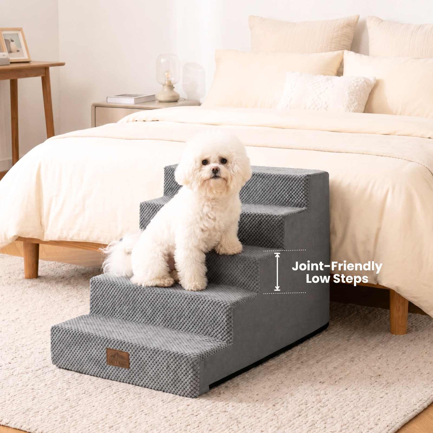 Side view of Cozy Kiss 5-Step Pet Stairs featuring joint-friendly low-rise steps #color_Grey