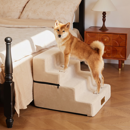 Cozy Kiss 4-Step Extra Wide Foldable Right-Angle Pet Stairs beside bed for safe pet access #color_Beige
