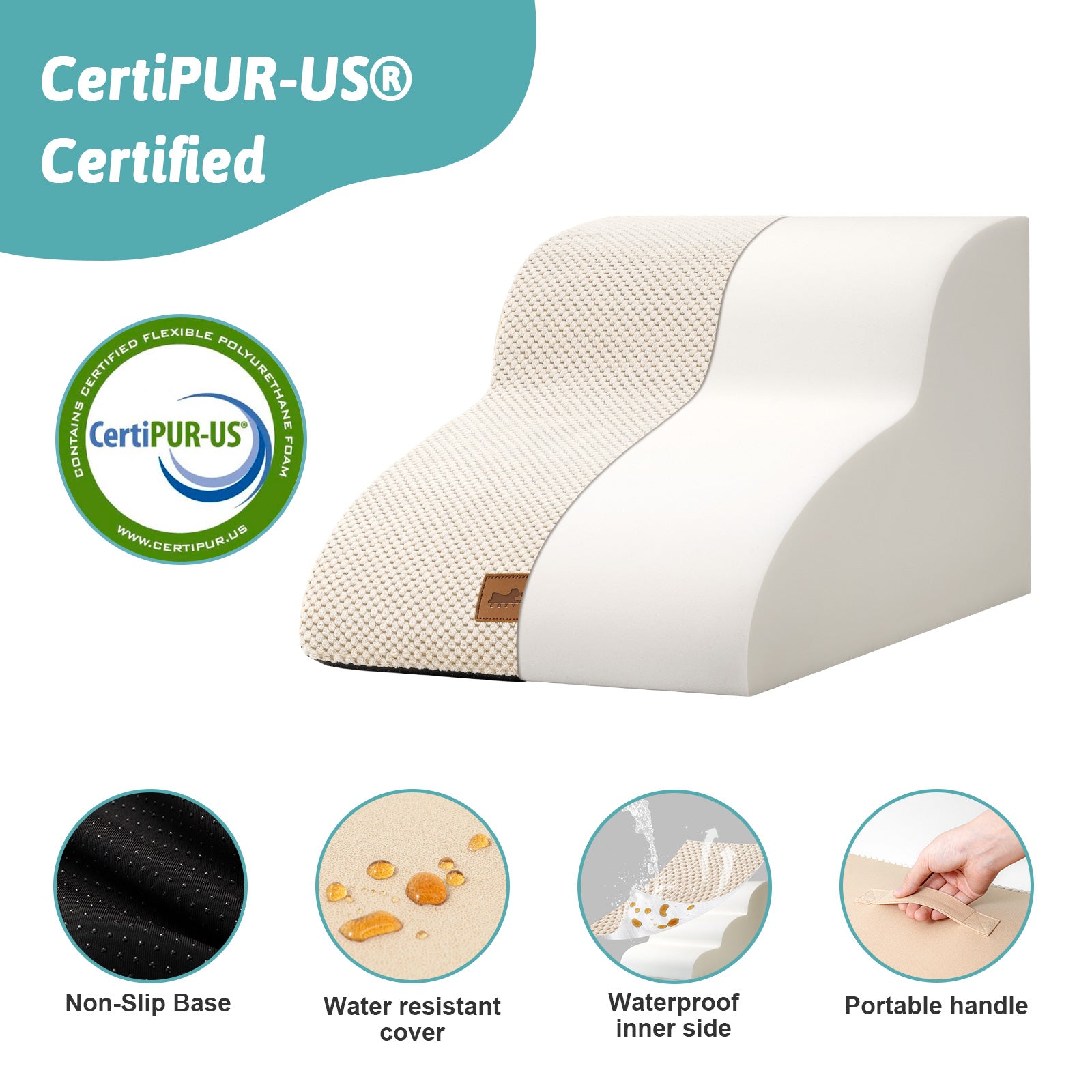 Side profile of Cozy Kiss CertiPUR-US certified foam pet stairs with non-slip base, waterproof lining, and portable handle #color_Beige