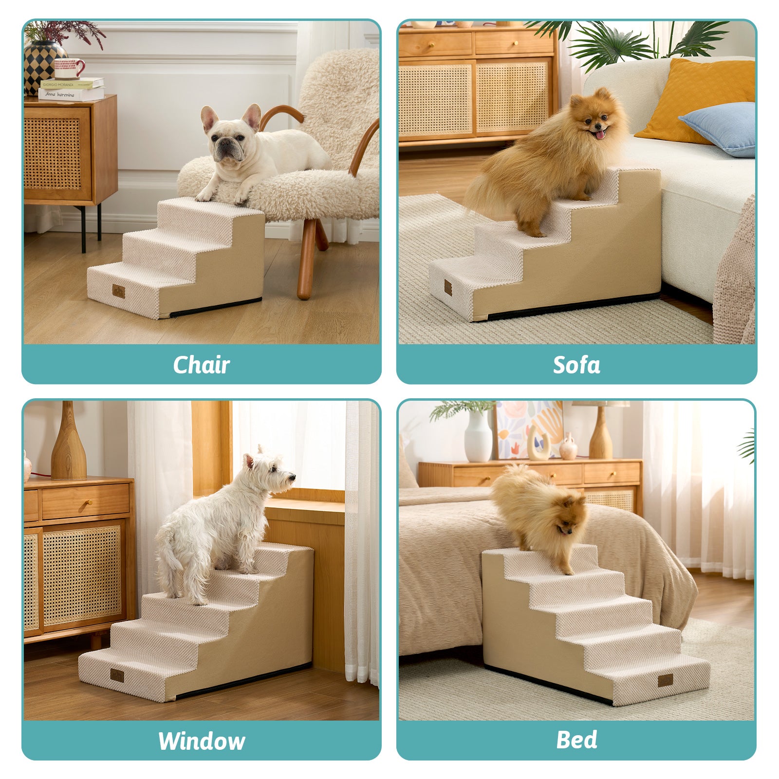 Cozy Kiss Right-Angle Pet Stairs used with chair, sofa, window, and bed #color_Beige