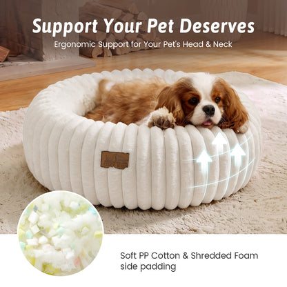 Cozy Kiss small dog resting inside Cozy Kiss 2-in-1 Striped Faux Fur Pet Bed in cream in cozy bedroom#color_Cream