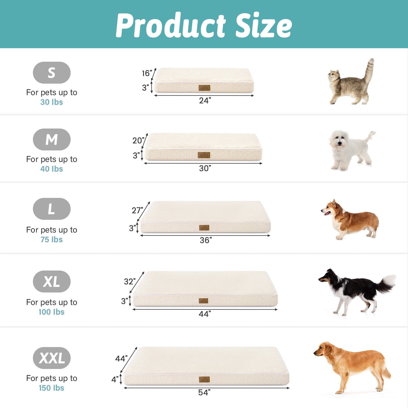 Size guide of Cozy Kiss All Seasons Scratch-Resistant Crate Mat for dogs of different breeds and weights #color_Beige