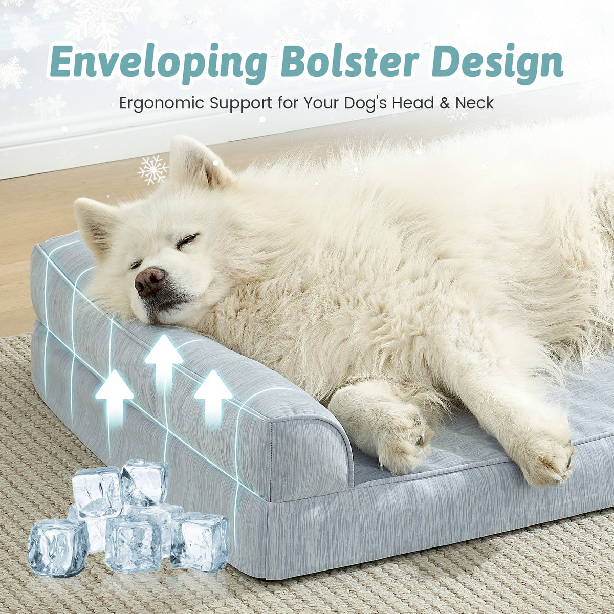 Dog lying on a gray pet bed with text about ergonomic support.