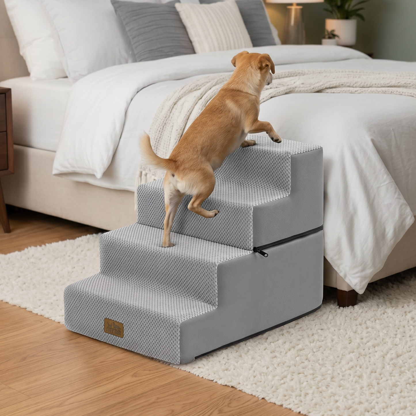 Cozy Kiss 4-Step Foldable Right-Angle Pet Stairs beside bed for safe pet access #color_Gray