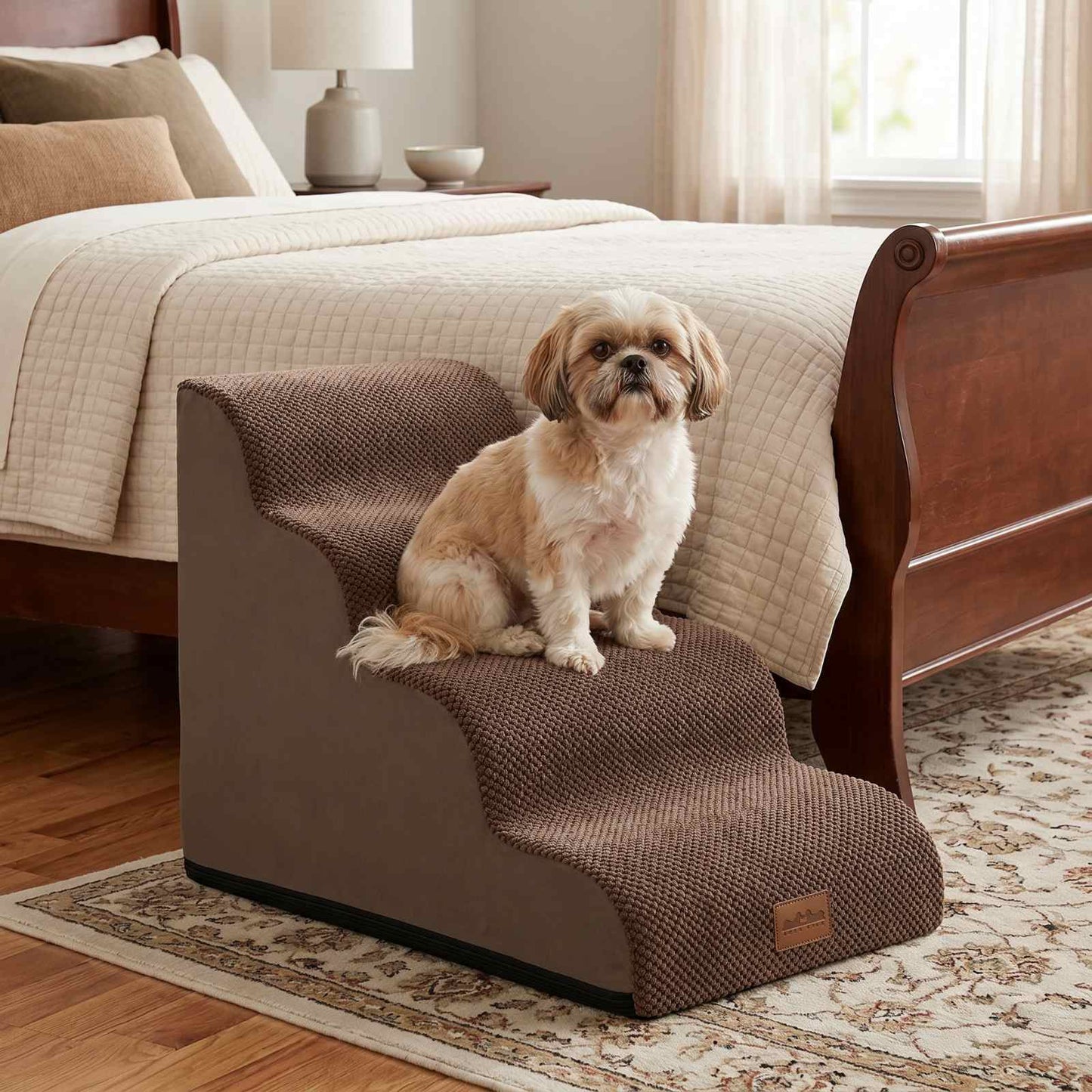 Cozy Kiss 4-Step Joint-Friendly Curved Pet Stairs with washable cover beside a bed helping small dog safely climb down #color_Brown