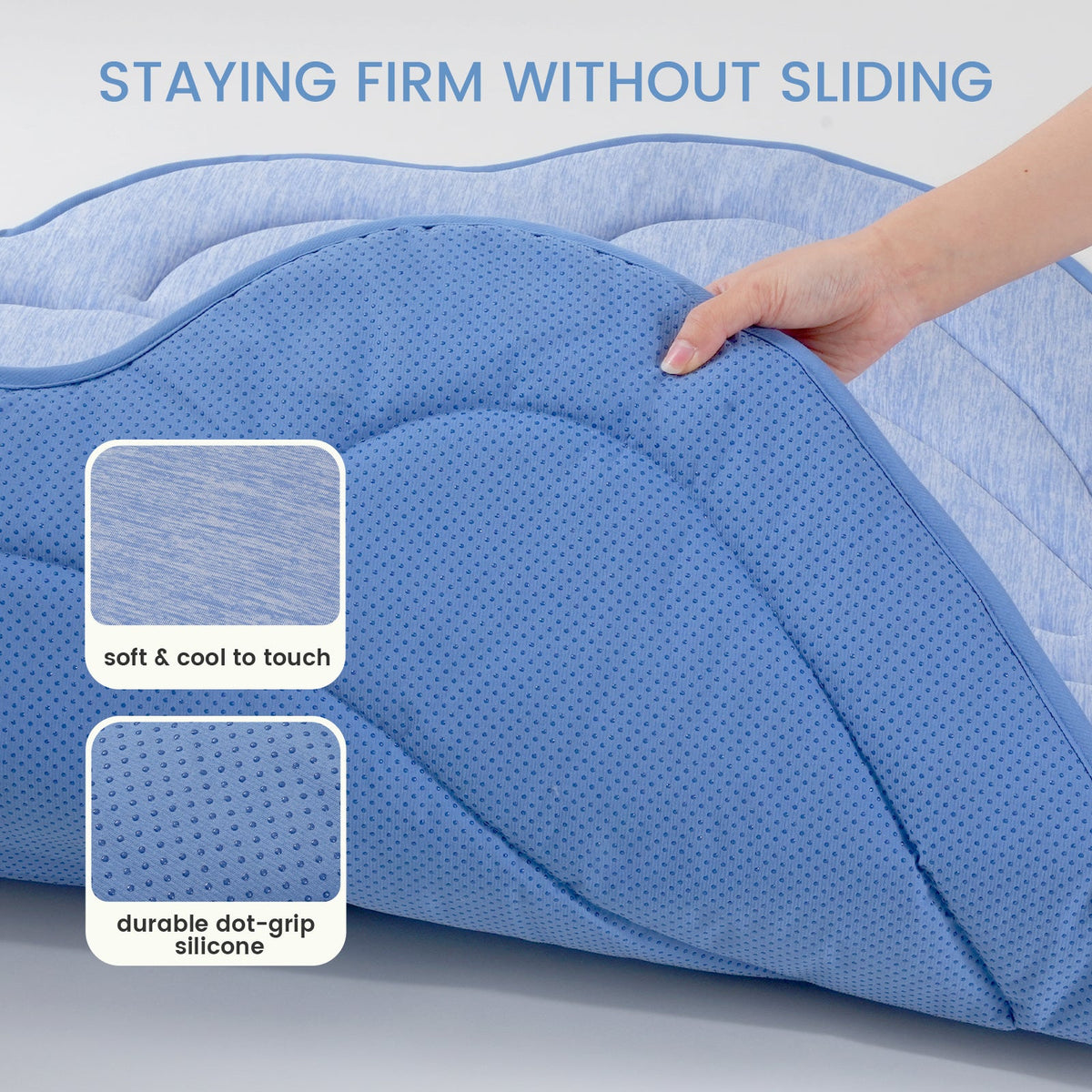 Blue  shell shape cooling mat for pets with hand demonstrating firmness, text 'Staying Firm Without Sliding', and close-ups of texture and grip.
