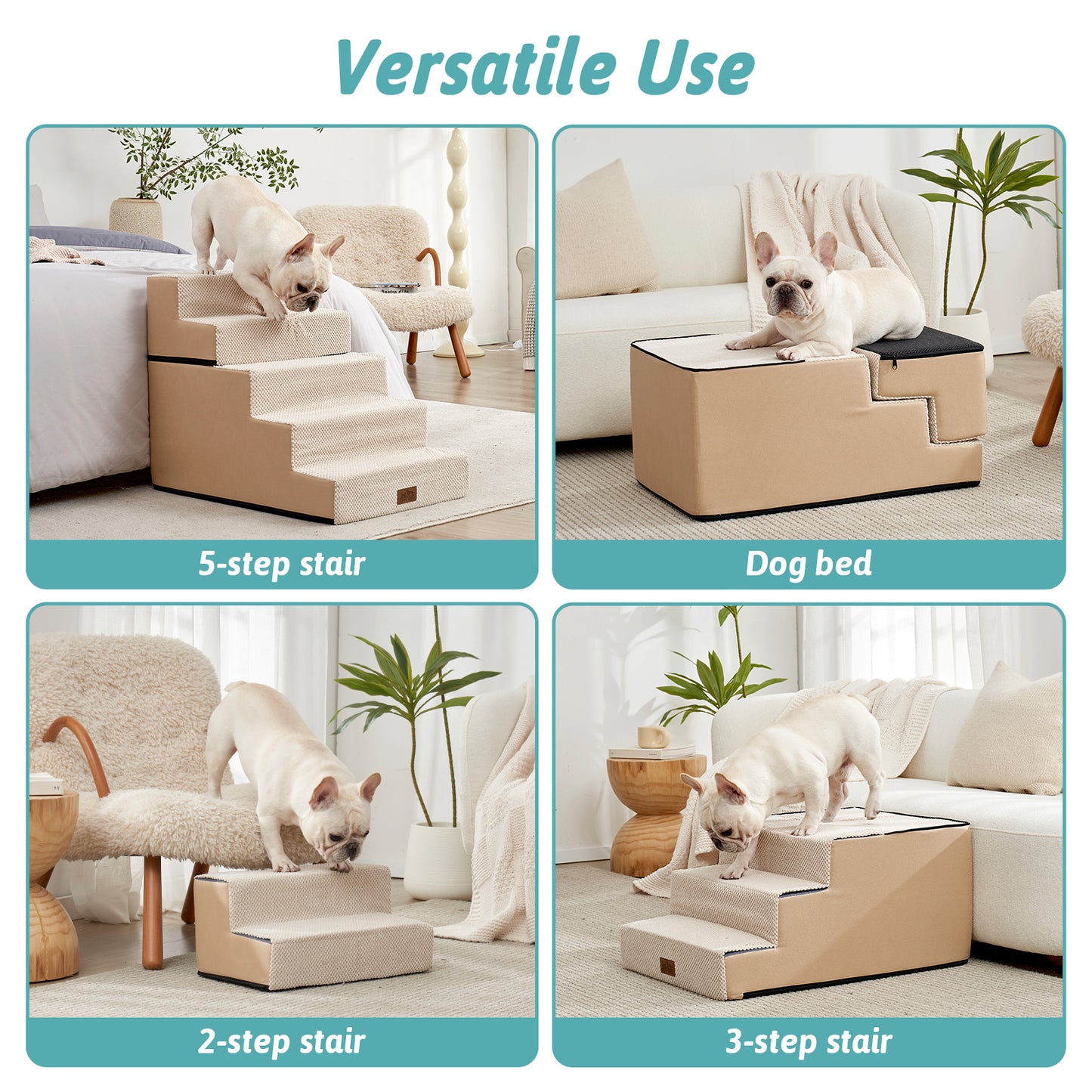 Cozy Kiss 5-Step Extra Wide Foldable Right-Angle Pet Stairs with versatile use #color_Beige