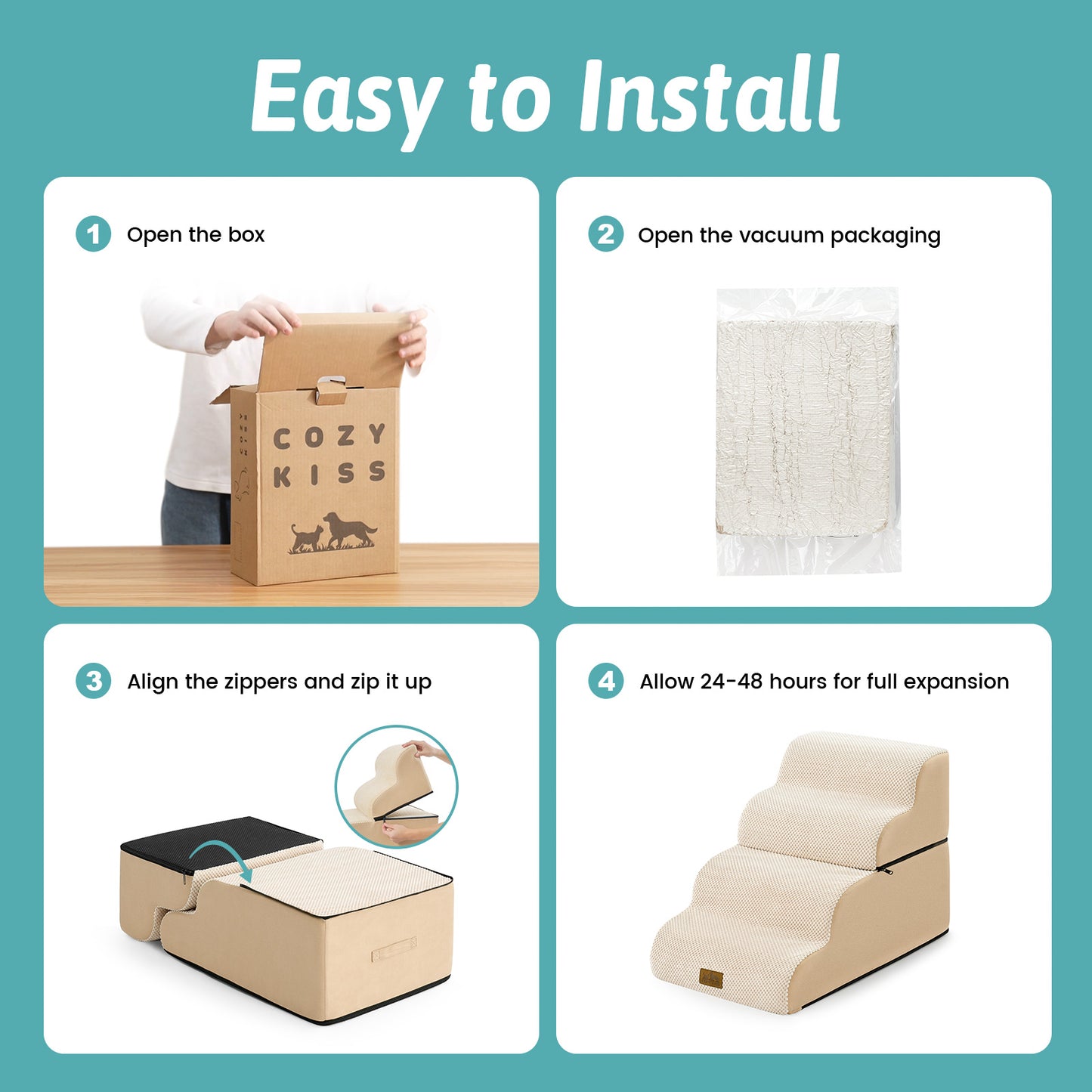 Cozy Kiss foldable pet stairs setup guide with zipper assembly and foam expansion #color_Beige