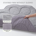 Gray paw-shaped cooling pet mat with text highlighting features on a white background