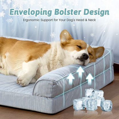 Dog lying on Cozy Kiss sky blue pet bed design pillow with ice cubes and text about ergonomic support.#color_Sky Blue