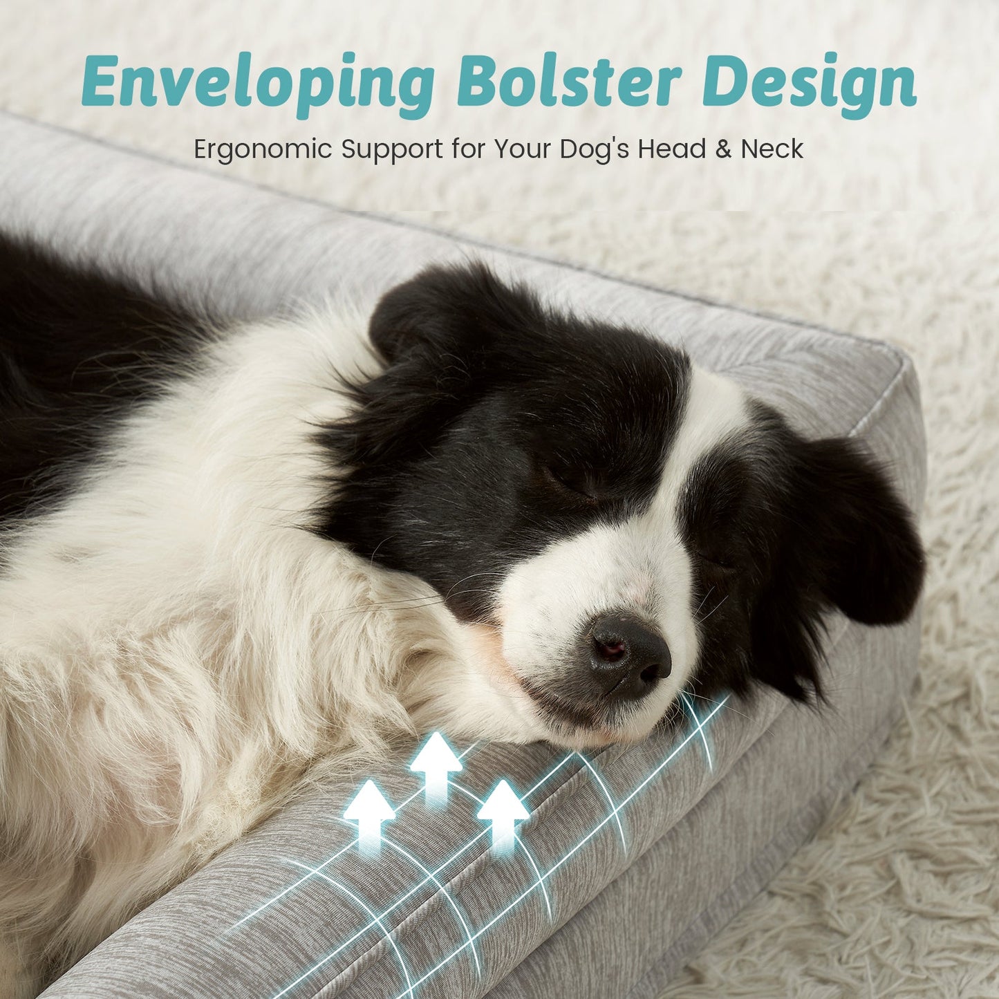 Dog resting on a grey Cozy Kiss Dog Bed with text about ergonomic support#color_Grey