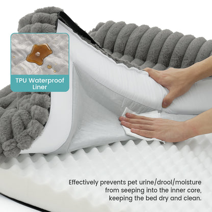 Close-up of Cozy Kiss Striped Faux U-Shaped Washable Dog Bed with removable foam and waterproof liner. #color_Grey