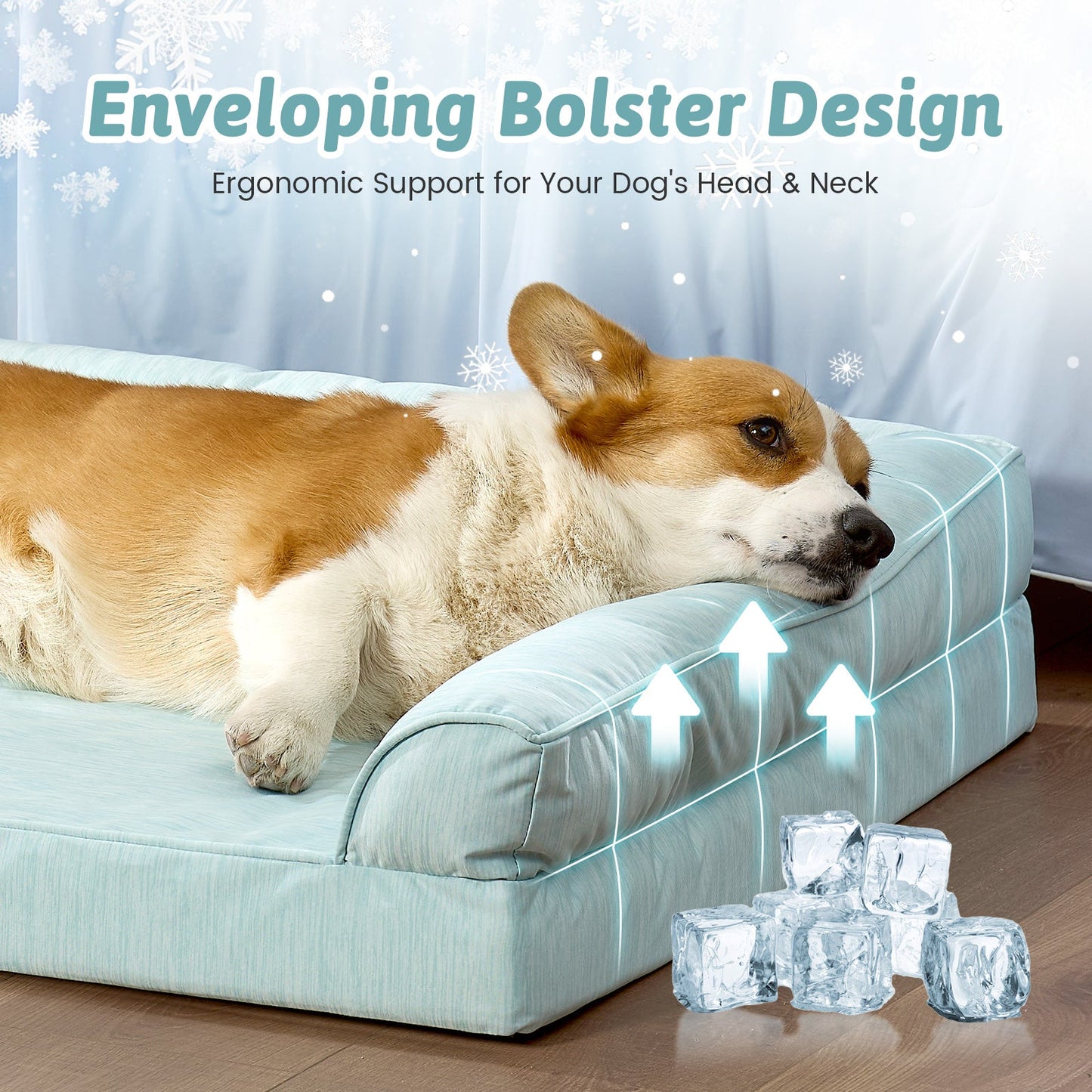 Dog lying on Cozy Kiss sage green pet bed with text about ergonomic support for dogs' heads and necks.#color_Sage Green