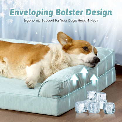 Dog lying on Cozy Kiss sage green pet bed with text about ergonomic support for dogs' heads and necks.#color_Sage Green
