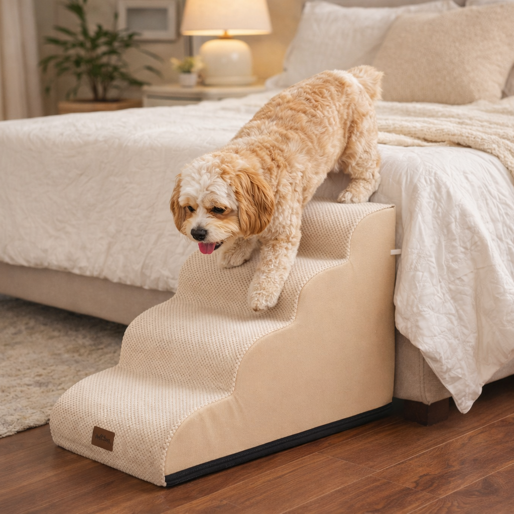 Cozy Kiss 4-Step Joint-Friendly Curved Pet Stairs with washable cover beside a bed helping small dog safely climb down #color_Beige