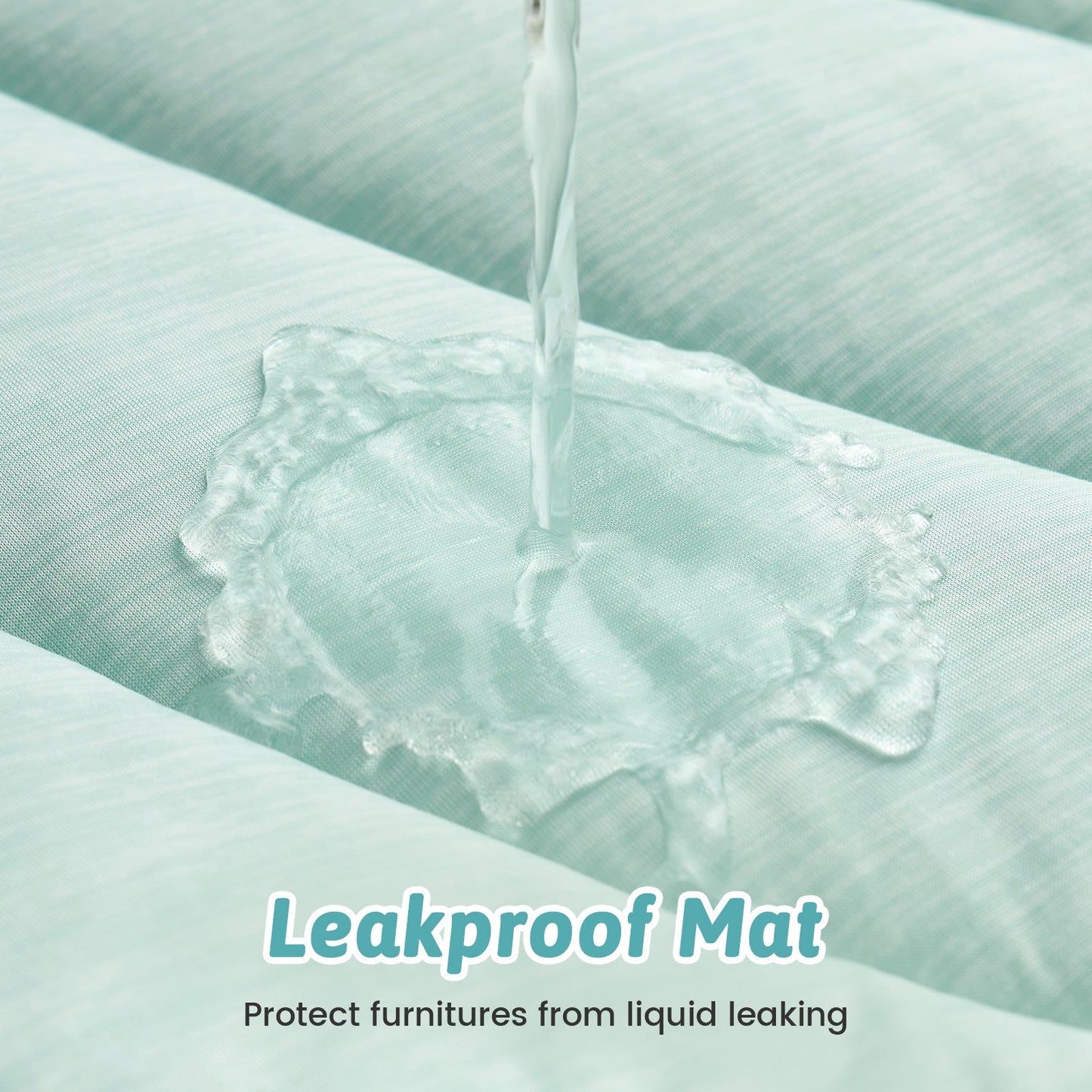 Cozy Kiss leakproof mat demonstrating its effectiveness in preventing liquid from seeping through, with text 'Leakproof Mat' and 'Protect furnitures from liquid leaking'. #color_Green