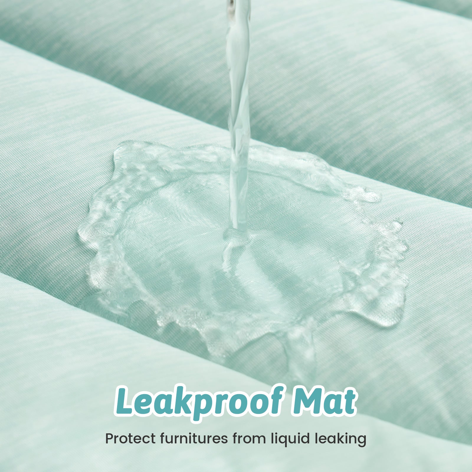 Cozy Kiss leakproof mat demonstrating its effectiveness in preventing liquid from seeping through, with text 'Leakproof Mat' and 'Protect furnitures from liquid leaking'. #color_Green