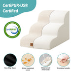 Side profile of Cozy Kiss CertiPUR-US certified foam pet stairs with non-slip base, waterproof lining, and portable handle