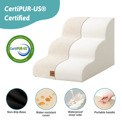 Side profile of Cozy Kiss CertiPUR-US certified foam pet stairs with non-slip base, waterproof lining, and portable handle #color_Beige