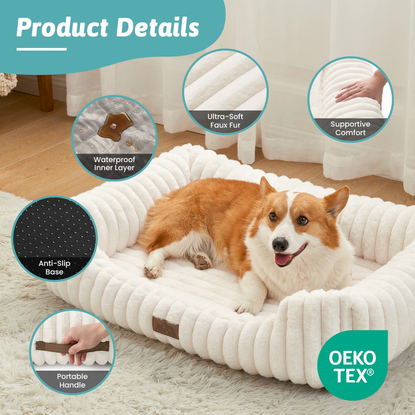 Cozy Kiss Striped Faux C-Shaped Washable Dog Bed waterproof washable pet bed with supportive bolsters #color_Cream