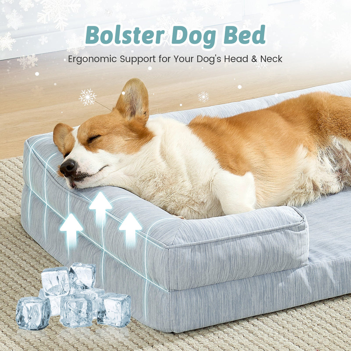 Dog resting on a dog bed with ice cubes and text highlighting support for dogs' head and neck.