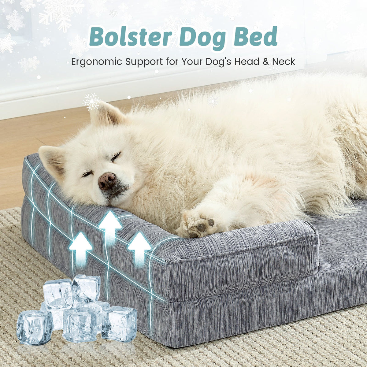 Dog lying on a gray bolster dog bed with text about ergonomic support.
