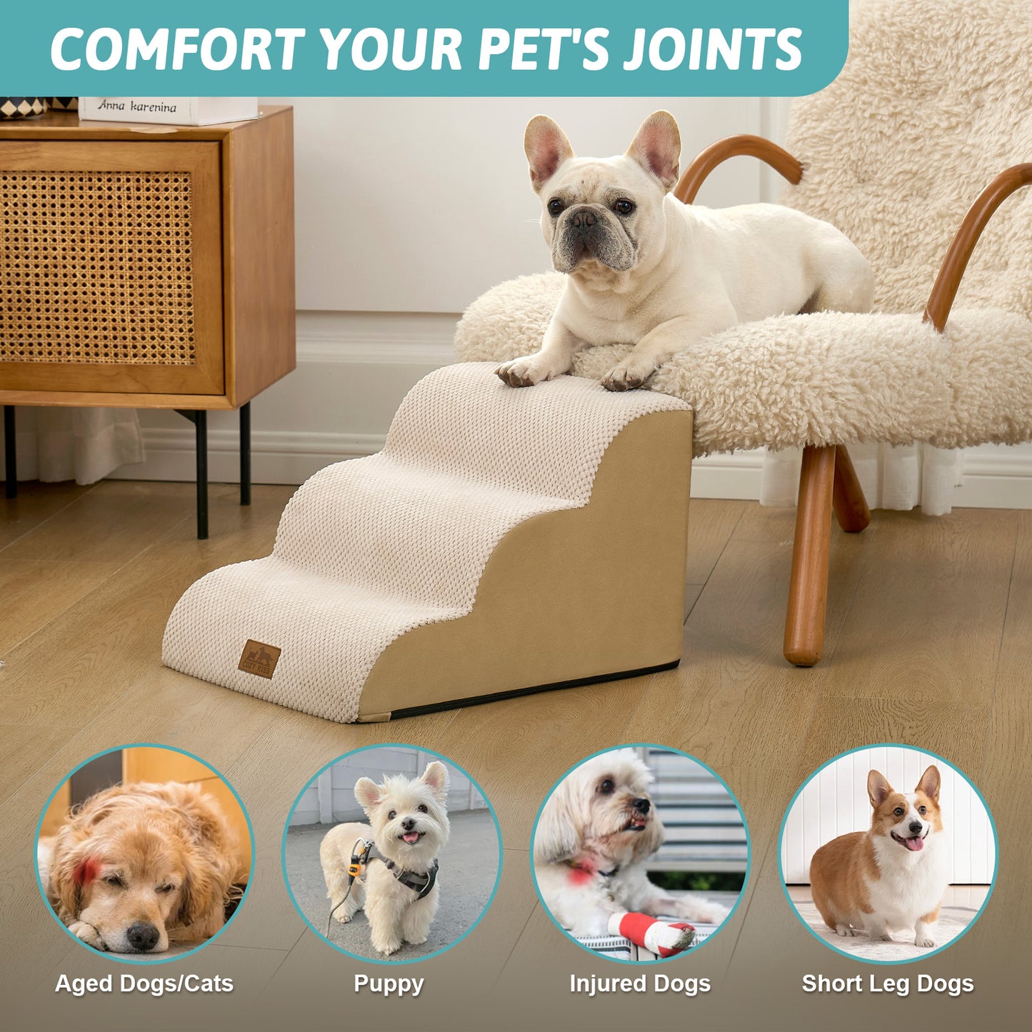 Pet joint support infographic showing Cozy Kiss Gentle Slope Curved Pet Stairs suitable for senior pets, puppies, injured dogs, and short-legged breeds #color_Beige