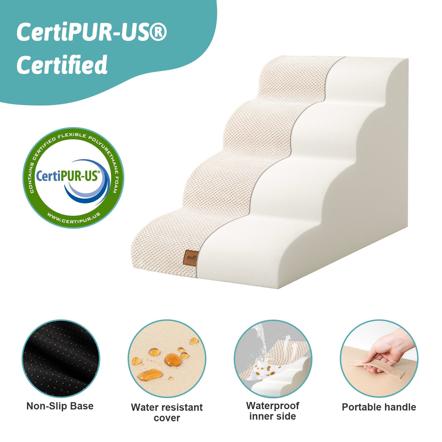 Side profile of Cozy Kiss CertiPUR-US certified foam pet stairs with non-slip base, waterproof lining, and portable handle #color_Beige