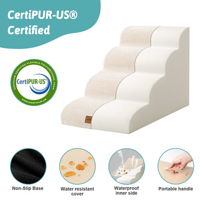 Side profile of Cozy Kiss CertiPUR-US certified foam pet stairs with non-slip base, waterproof lining, and portable handle #color_Beige